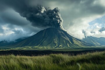 Fototapeta premium Volcano erupting with smoke billowing above, green grass on foreground and cloudy sky