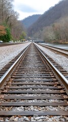 Fototapeta premium Curved railway tracks extend through a vast desert landscape under a clear blue sky with distant hills in the background