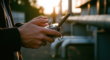 Hands pilot remote controller; pipes & warm sunset light in blurred background