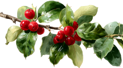 Beautiful holly branch with vibrant green leaves and bright red berries, perfect for festive decorations and seasonal themes.
