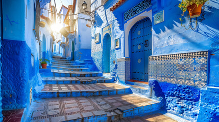 Fototapeta premium Stunning blue streets and tiles of Chefchaouen Morocco with morning light 