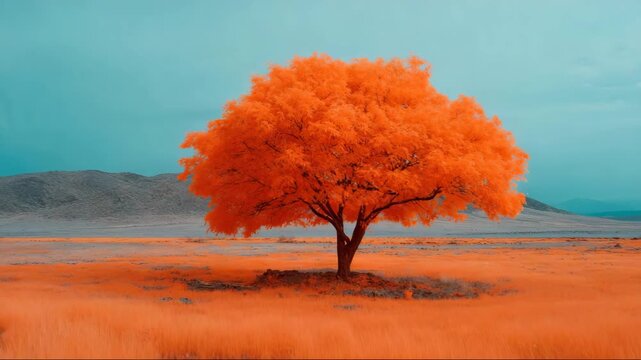 Orange tree standing alone in a vast field under a blue sky, representing a sense of harmony, inner alignment and freedom,  feeling of joy    