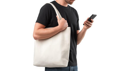 Man checking phone while carrying tote bag, casual modern look, PNG
