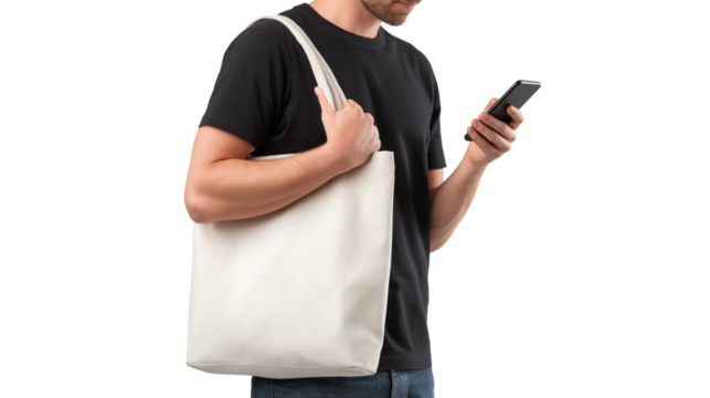 Man checking phone while carrying tote bag, casual modern look, PNG