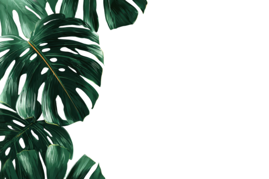 Banner of tropical palm leaf monstera frame border design on transparent background. Green leaves flat lay, top view