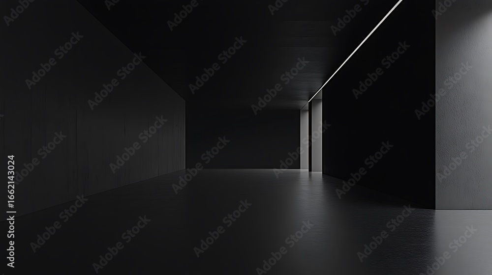 Poster dark empty room with modern architecture and minimalist white accent lighting design