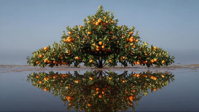 Orange tree with ripe fruit reflecting in still water, captured as the natural essence behind essential oils of wild orange, neroli, petitgrain, citrus fruits, and orange juice, feeling of joy  