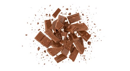 Fototapeta premium Scattered chunks of smooth milk chocolate on a white background. A simple yet irresistible display of creamy indulgence and sweet cravings captured in delicious detail.
