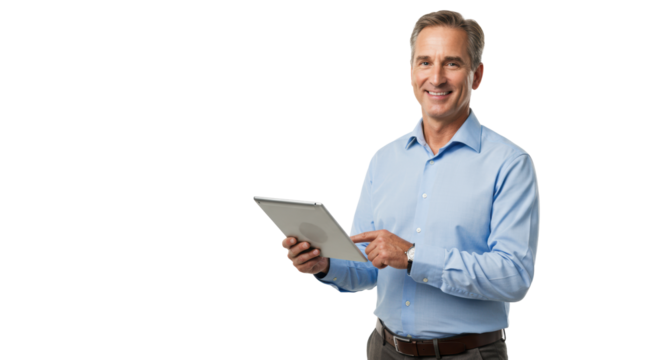 A confident, smiling Caucasian male professional, mid-40s, light blue shirt, holding a silver digital tablet in a bright white studio with copy space, concept of modern business and technological