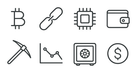 Cryptocurrency icons: bitcoin, blockchain, mining, wallet, chip, chart, safe, dollar