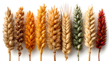 A diverse collection of wheat ears isolated on white, showcasing various stages of maturity and forms, perfect for agricultural and botanical themes