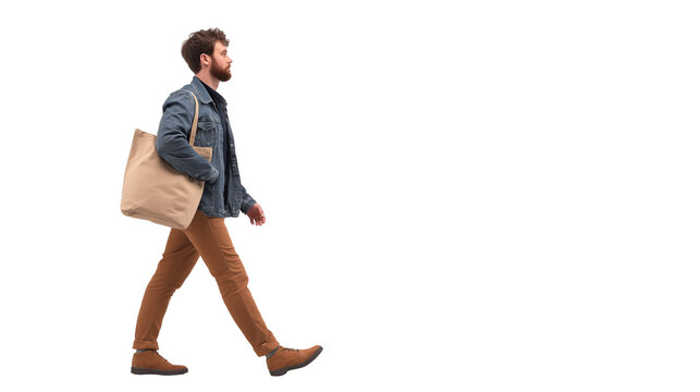 Casual man walking forward with tote bag, dynamic pose, isolated PNG
