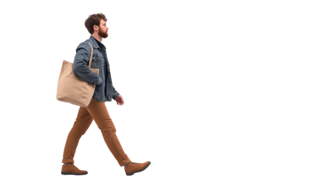 Casual man walking forward with tote bag, dynamic pose, isolated PNG