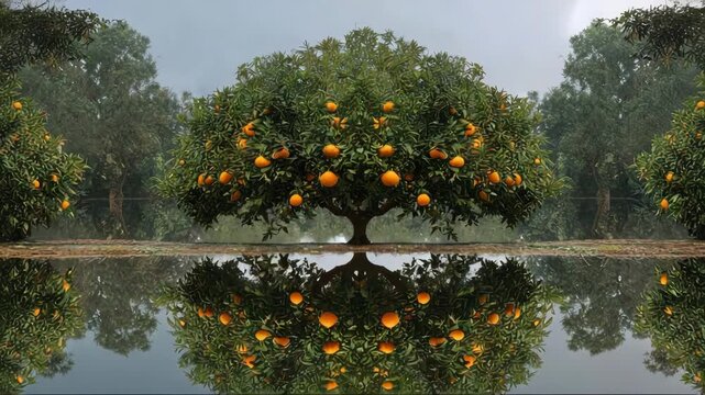 Orange tree with ripe fruits reflected in calm water under gray sky, captured as the natural essence behind essential oils of wild orange, neroli, petitgrain, citrus fruits, and orange juice  