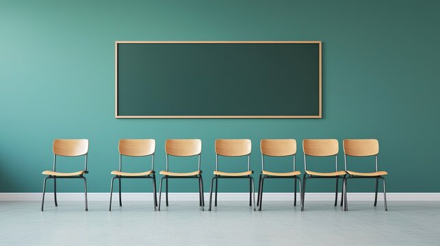 School blackboard/whiteboard mockup, equations written, classroom setting, education