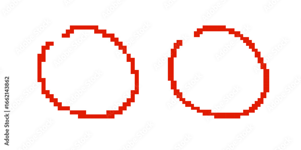 Poster two red circle shapes in classic pixel art style, perfect for retro game design and digital graphics