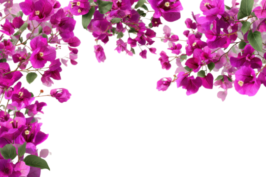 Beautiful bougainvillea spring floral blossom border isolated on transparent background. Colorful flower frame. blossom flower with green leaves. Mockup from flowers. Spring summer design elements PNG
