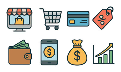Digital shopping icons: e-commerce, payment, and financial growth symbols
