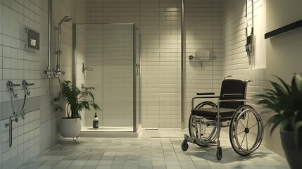 Accessible Bathroom Interior with Wheelchair and Shower in Modern Design