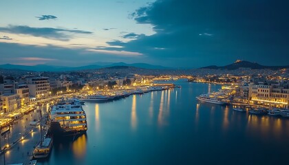 Aerial View of Piraeus Marina at Dusk, Yachts & City Lights Reflecting on Water