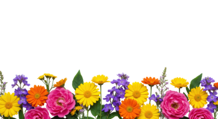 Perfectly arranged horizontal border of vibrant pink roses, purple delphiniums, yellow marigolds, orange daisies, green foliage on transparent copy space, concept of natural beauty and copy space