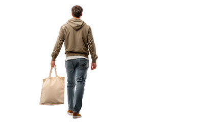 Young man walking away with tote bag, transparent isolated cutout