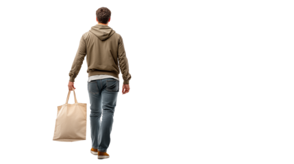 Young man walking away with tote bag, transparent isolated cutout