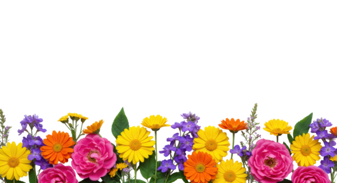 Perfectly arranged horizontal border of vibrant pink roses, purple delphiniums, yellow marigolds, orange daisies, green foliage on transparent copy space, concept of natural beauty and copy space