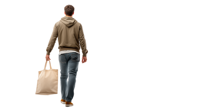 Young man walking away with tote bag, transparent isolated cutout