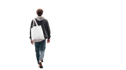 Young man walking away with tote bag, transparent isolated cutout