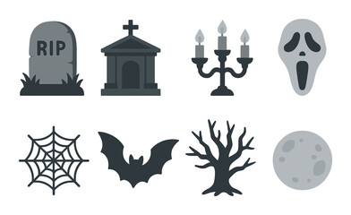 Spooky halloween icons: ghost, tombstone, haunted house, bat, candelabra, spider web, moon