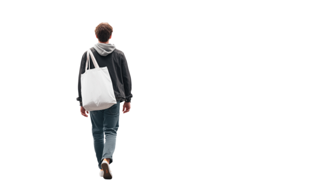 Young man walking away with tote bag, transparent isolated cutout