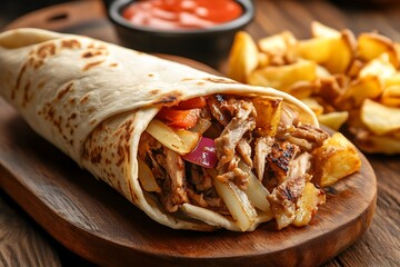 Appetizing Gyro Wrap with Grilled Meat and Veggies on Wooden Board Closeup