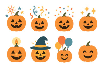 Festive pumpkins with faces and decorations for halloween celebration