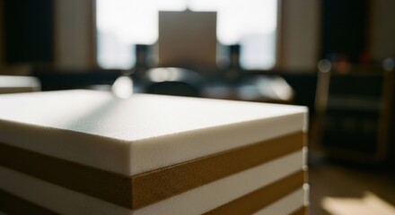 Layered foam sheets, white and brown, stack in shallow depth of field
