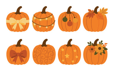 Stylized pumpkins with ribbons, lights, and decorative patterns on warm background