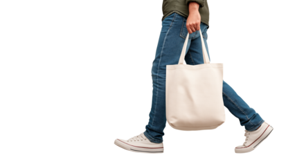 Man mid-step carrying tote bag, isolated PNG fashion stock image