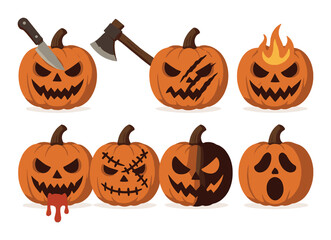 Spooky halloween pumpkin faces with knives and axes in various fiery and scary designs