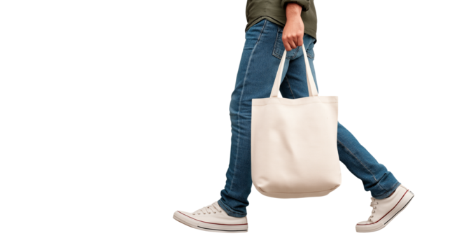 Man mid-step carrying tote bag, isolated PNG fashion stock image