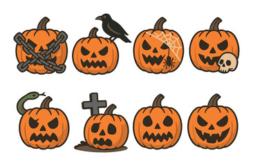 Halloween pumpkin faces with chains, spider web, snake, and skull on brown background