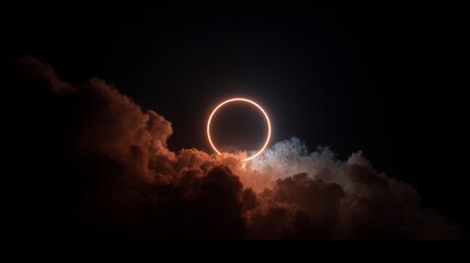 Eclipse Moon Surrounded by Dark Clouds and Glowing Ring in Night Sky