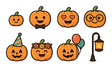 Cute cartoon pumpkins with various expressions and accessories for halloween