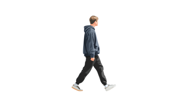 Slow walking male figure, casual sweatshirt, white background