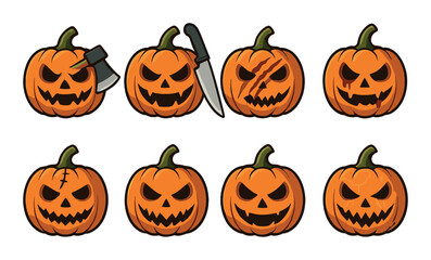 Halloween jack-o'-lanterns with knives and axes featuring scary faces