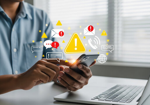 Digital Communication Warning: A modern office setting shows a professional carefully using his phone. Surrounding the phone are warning signs and message notification.