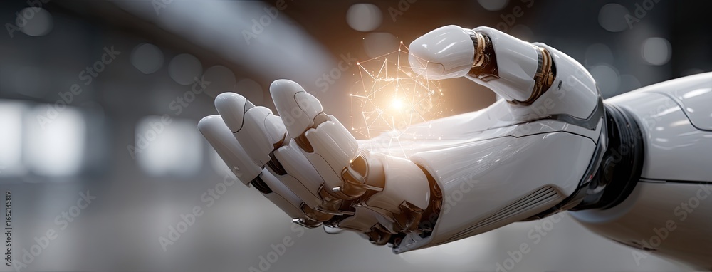 Poster futuristic robotic hand manipulating glowing energy in a modern technological setting during dayligh