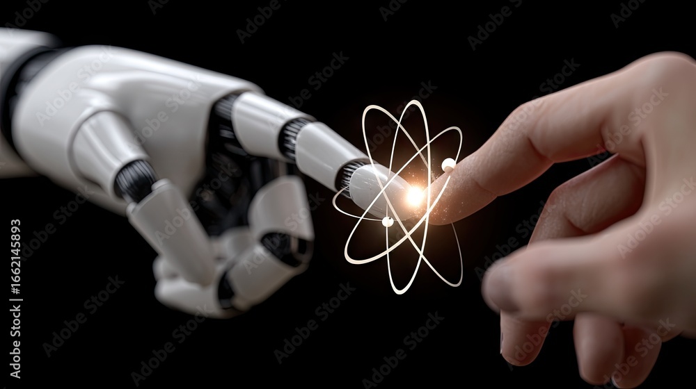 Poster human hand connects with robotic hand, displaying a spark of innovation and technology in a visual r