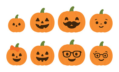 Happy halloween pumpkins with cute faces on a glowing background