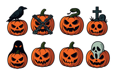 Spooky halloween pumpkins with ghosts, snake, and creepy faces