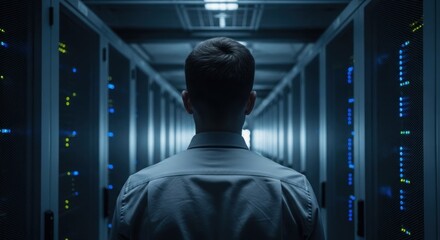 Man walks down a data center corridor between server racks, from behind